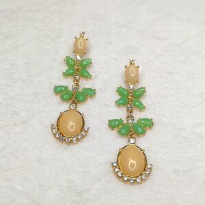Lovely Apricot and Green Acrylic Cabochon Dangle Drop Pierced Earrings
